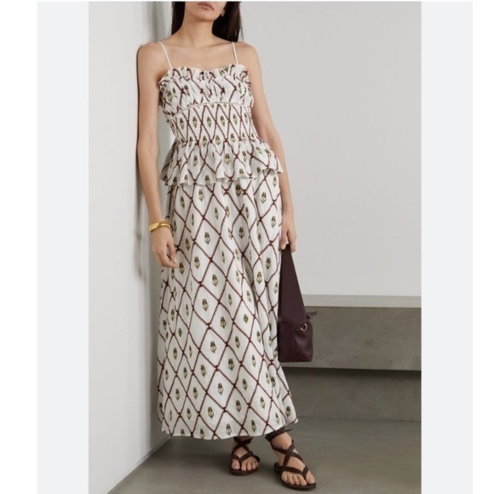 Lug Von Siga Dress Amara Tulip Midi Smocked in White Brown Floral